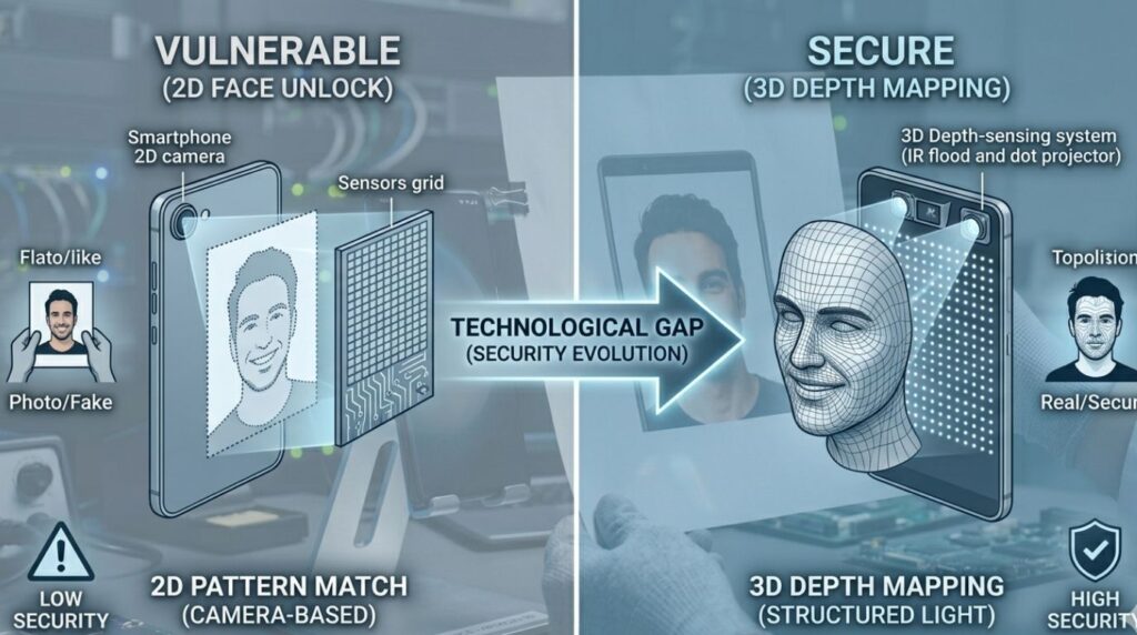 An infographic comparing the simplicity of 2D face unlock (vulnerable to photos) against the complexity of 3D depth mapping (secure against spoofs), explaining the core face unlock vulnerability in many premium Android phones.
