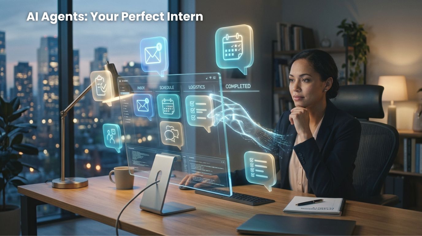 A cinematic photograph of a professional office where glowing holographic task bubbles are being organized by AI agents for productivity, illustrating the shift from manual work to automated delegation.
