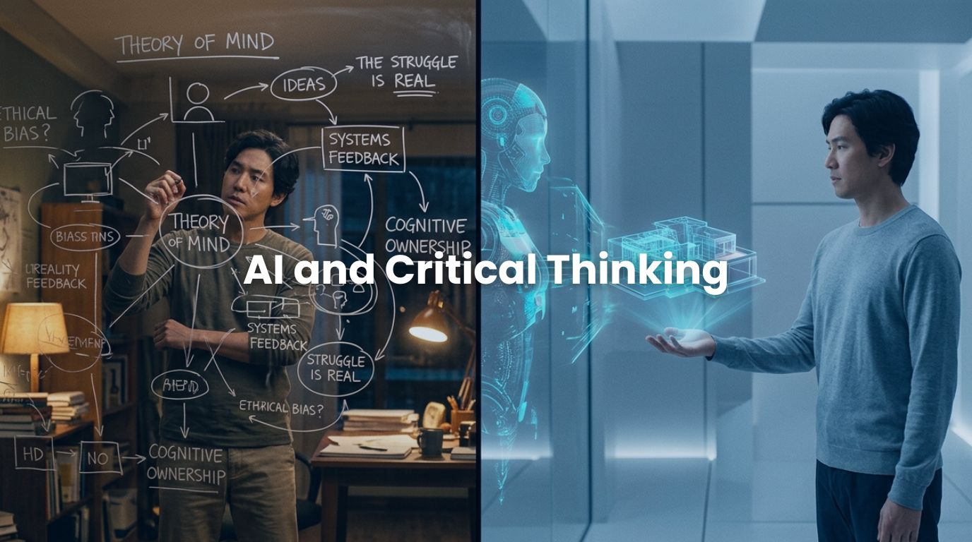 A split-screen image showing the messy process of human brainstorming versus the cold instant delivery of AI, illustrating the impact of AI and critical thinking.