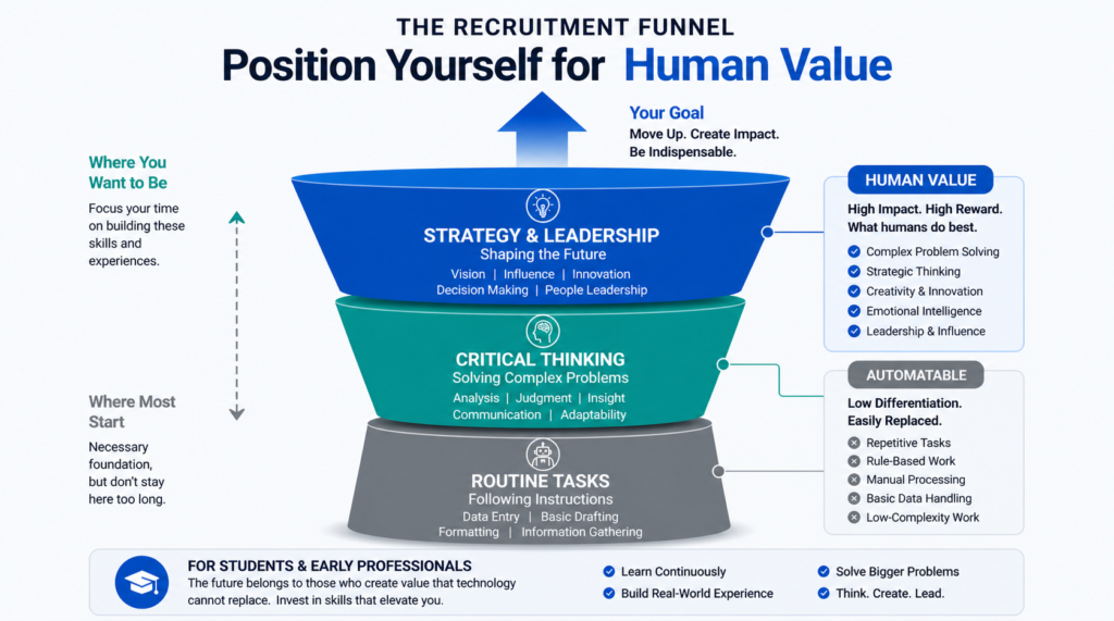 Infographic illustrating how to get an internship by focusing on high-value human skills that AI cannot automate.