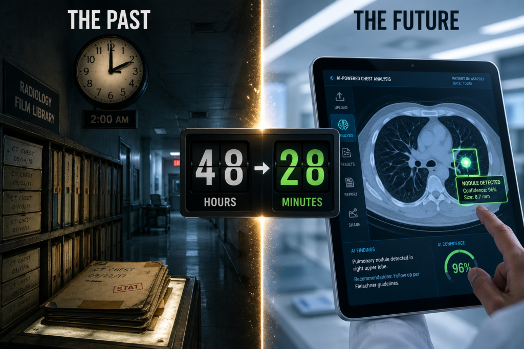 A cinematic comparison of traditional slow medical reporting versus fast AI in healthcare diagnostics.