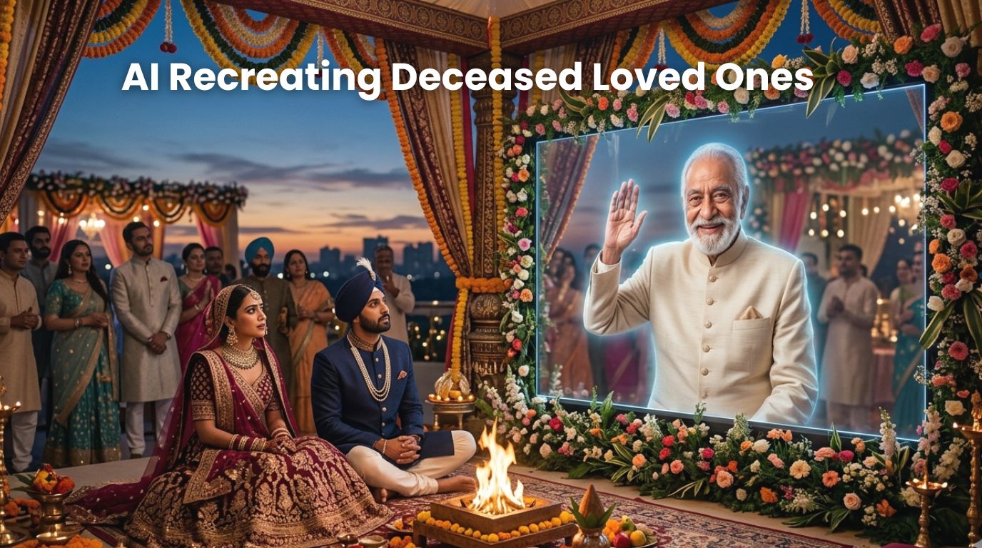 A surreal cinematic photograph of an AI recreated loved one (Dadaji) appearing on a transparent digital screen to bless a couple during a traditional Indian wedding ceremony, illustrating the tension between memory and simulation.
