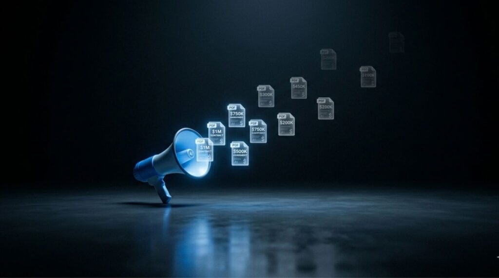 A minimalist conceptual image of an AI megaphone surrounded by ghost-like, fading PDF contract icons with dollar amounts, representing the hollow hope of contracted ARR.