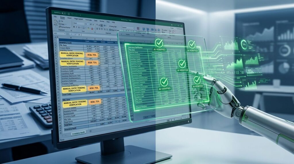 A split conceptual image for a blog about AI in auditing, contrasting a traditional accountant's manual spreadsheet data entry with a sleek robotic hand performing automated data verification on a transparent tablet.