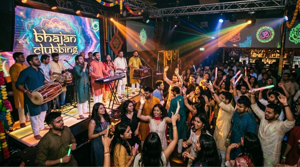 A candid, high-energy photograph capturing a packed 'Bhajan Clubbing' event in a dimly lit venue, illuminated by colorful, pulsing club lights and lasers, illustrating the Google search trends India 2025 regarding cultural revival.