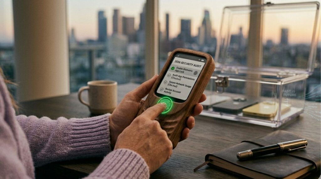A focused close-up showing a person's index finger verifying a fingerprint on a smartphone screen that displays a "2026 Security Audit" checklist, illustrating the primary solution to mitigate the face unlock vulnerability.