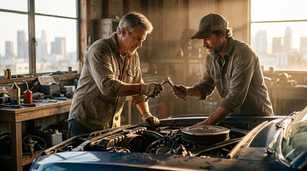Two men working together on a mechanical task, showcasing the side-by-side rule as a solution to the silent struggle of men.