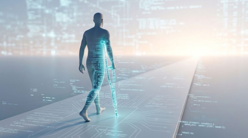 A surreal image of a person using a digital crutch to walk, representing the risk of losing AI and critical thinking skills through over-reliance.