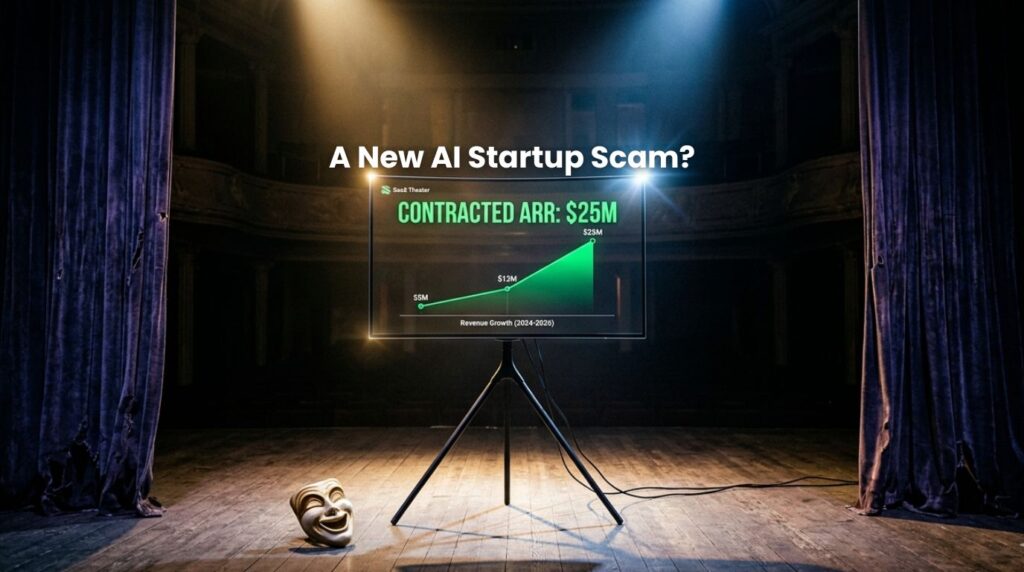 A theatrical stage with spotlights illuminating a monitor displaying a fake AI startup growth chart with contracted ARR metrics, illustrating the concept of "SaaS Theater."
