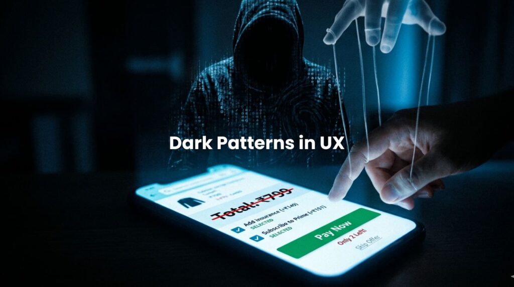 A cinematic image showing a shadow manipulating a user's finger on a smartphone checkout page, illustrating dark patterns in UX.