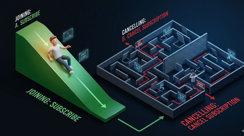 An infographic diagram comparing the easy 'Subscribe' path to the labyrinthine 'Cancel' path, illustrating deceptive dark patterns in UX.