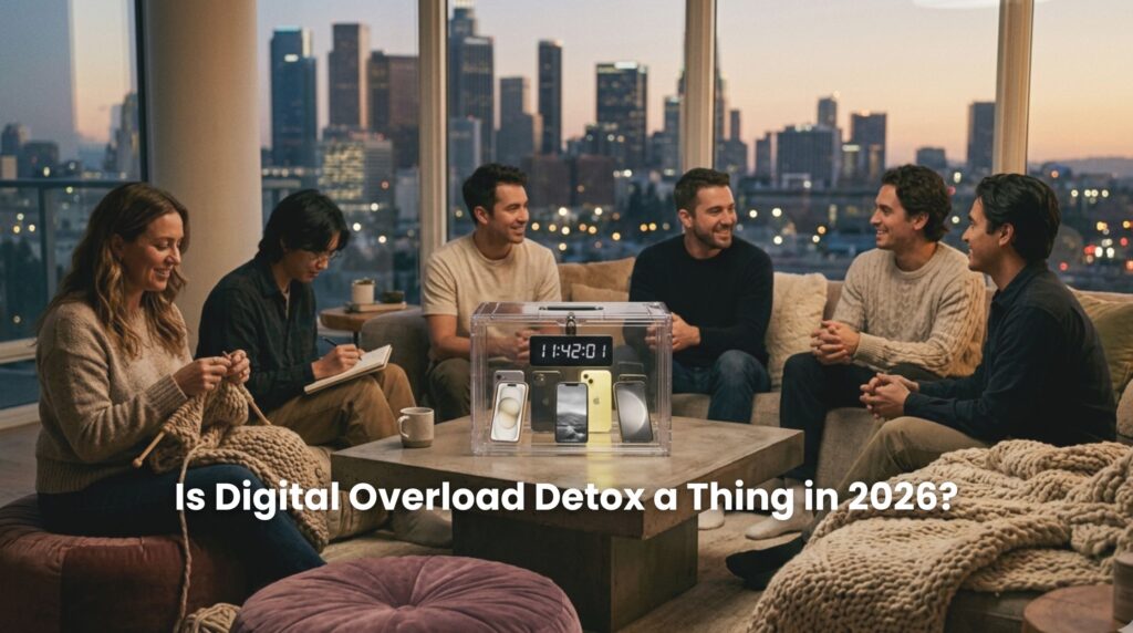 A cinematic wide-angle shot of people happily engaging in analogue activities, while their phones are securely locked in a transparent, timed container as part of a collective digital overload detox.