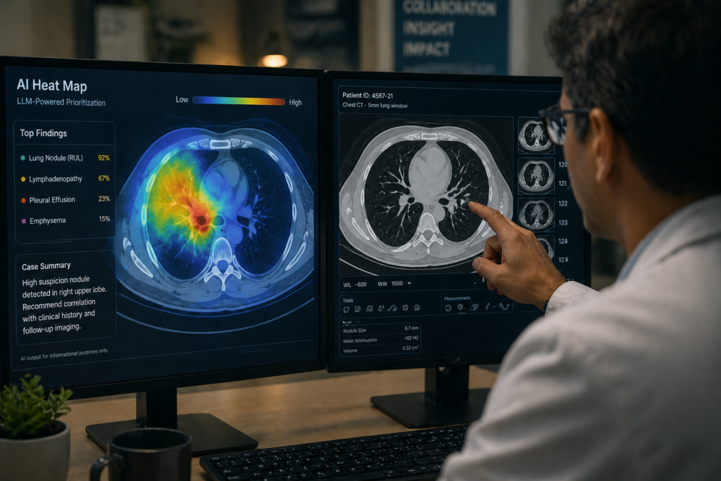 A radiologist using AI in healthcare tools to provide a faster and more accurate medical diagnosis.