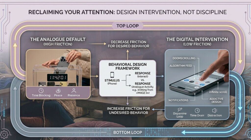 An elegant infographic comparing the high friction of accessing a phone in a lock-box (Top Loop) to the low friction of scrolling (Bottom Loop), defining environment design for a successful digital overload detox.