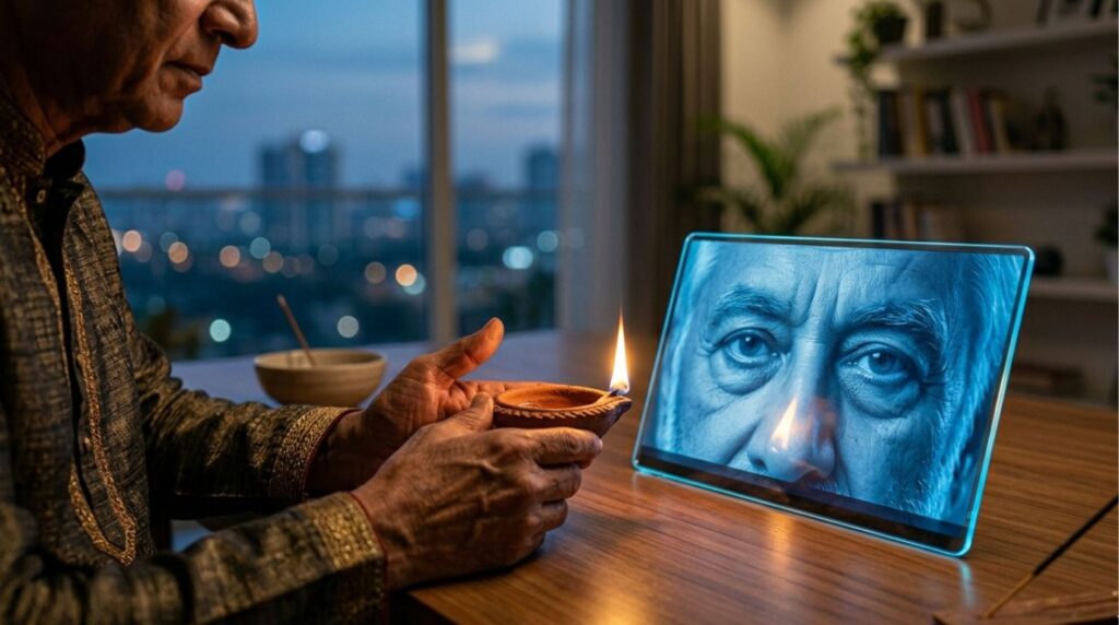 A focused close-up photograph capturing the reflection of a traditional warm Diya flame on a glass tablet screen displaying the face of AI recreated loved ones.