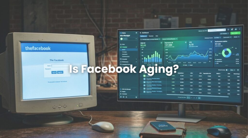 A side-by-side comparison of the original 2004 Facebook login screen and the modern 2026 Meta Ads Manager, illustrating the evolution of Facebook marketing.