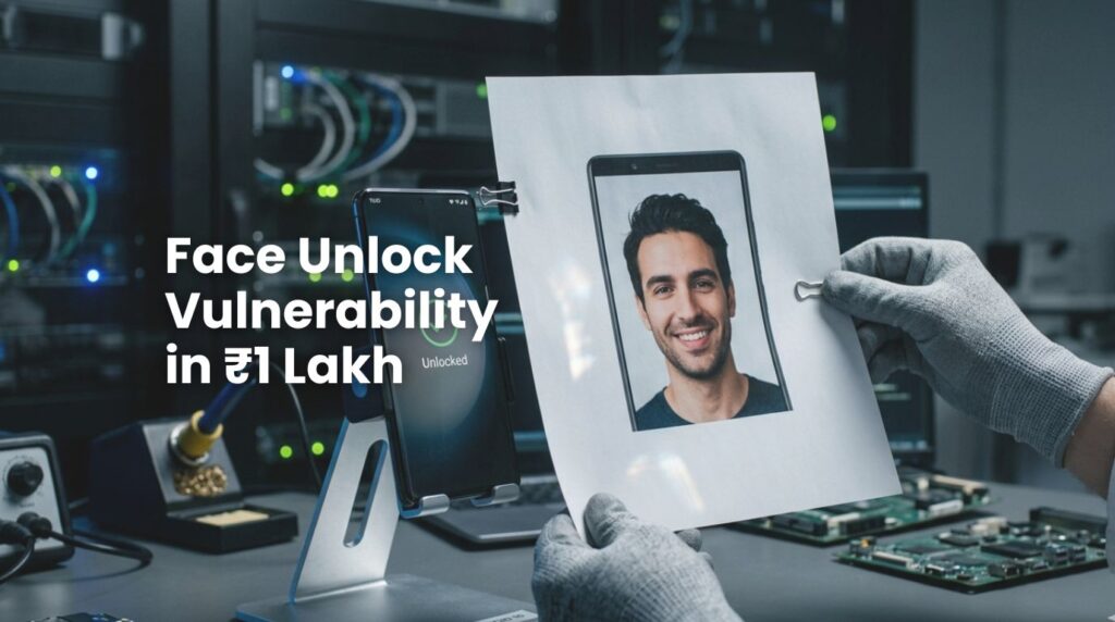 A close-up photograph of a standard printed color photo on paper being used to successfully trigger the face unlock and gain access to a premium ₹1 Lakh Android phone, illustrating the primary face unlock vulnerability.