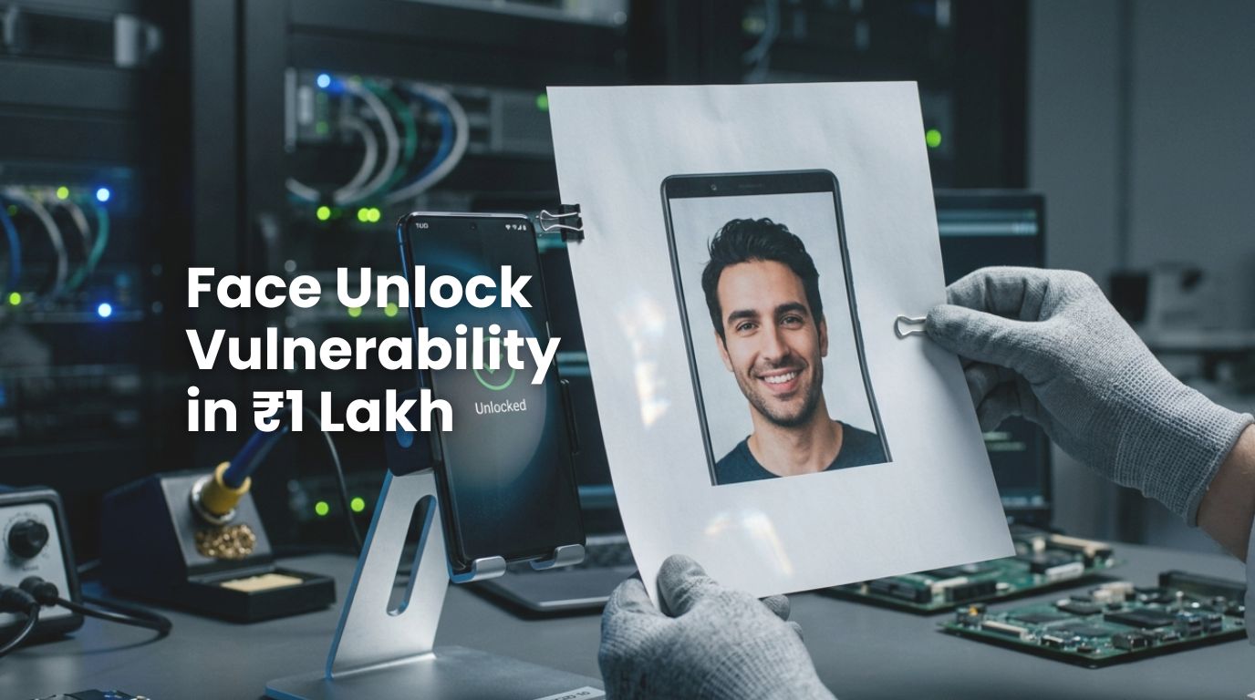 A close-up photograph of a standard printed color photo on paper being used to successfully trigger the face unlock and gain access to a premium ₹1 Lakh Android phone, illustrating the primary face unlock vulnerability.