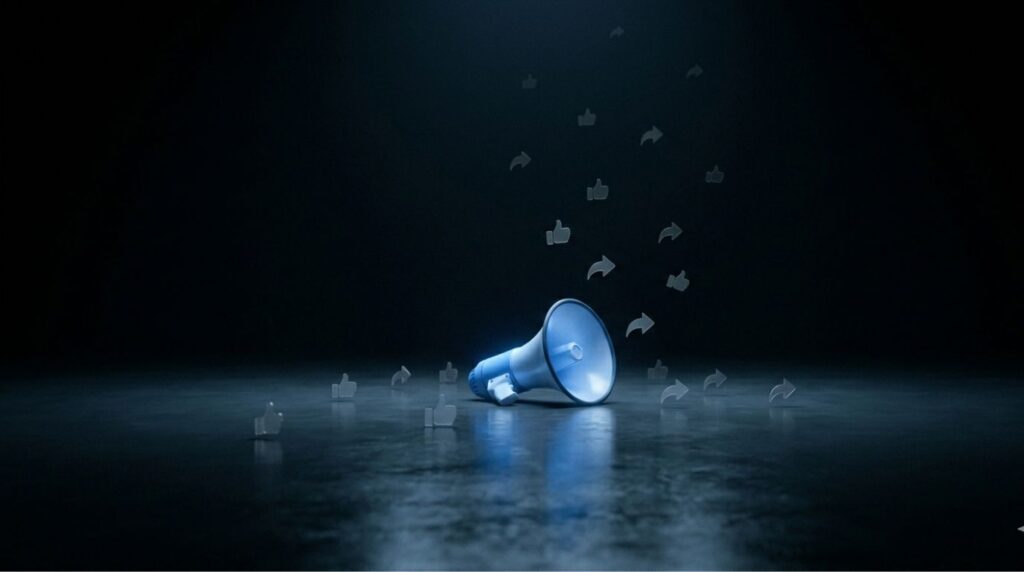 A conceptual image of a megaphone in a dark void with fading like icons, representing the decline of organic reach in the evolution of Facebook marketing.