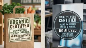 Comparison of an organic food label and a "No AI Used" marketing claim to show the shift in consumer trust.