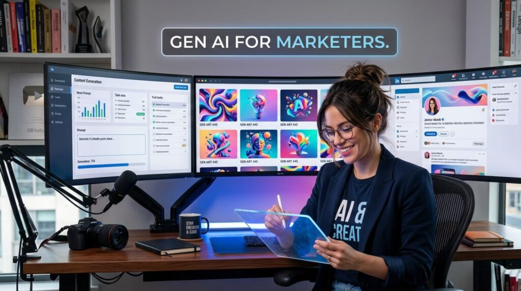 A modern professional content marketer using a tablet and multiple monitors displaying AI-generated art, a LinkedIn profile, and a content generation dashboard - idea for AI in auditing