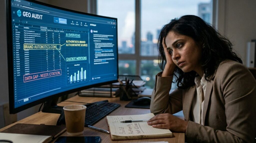 A focused close-up photograph capturing an exhausted human marketer analyzing a competitive Generative Engine Optimization audit on a glowing curved monitor, representing the 'Souls vs. Silicon' argument to build authority over clicks.