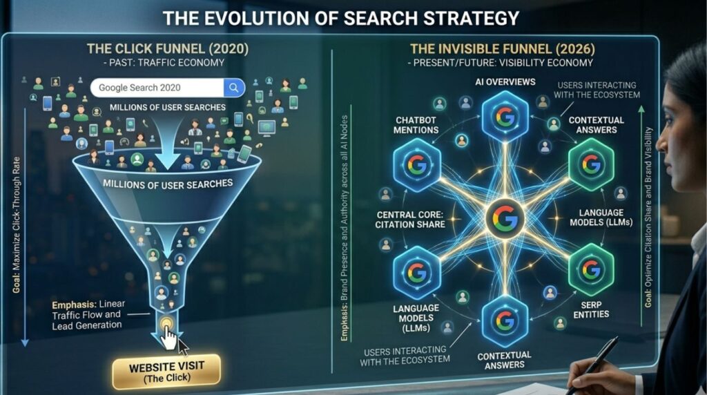 A split infographic contrasting the traditional linear 'click funnel' of the past with the modern circular 'invisible funnel' of the 2026 Generative Engine Optimization strategy, where brand citations are distributed across an AI ecosystem.