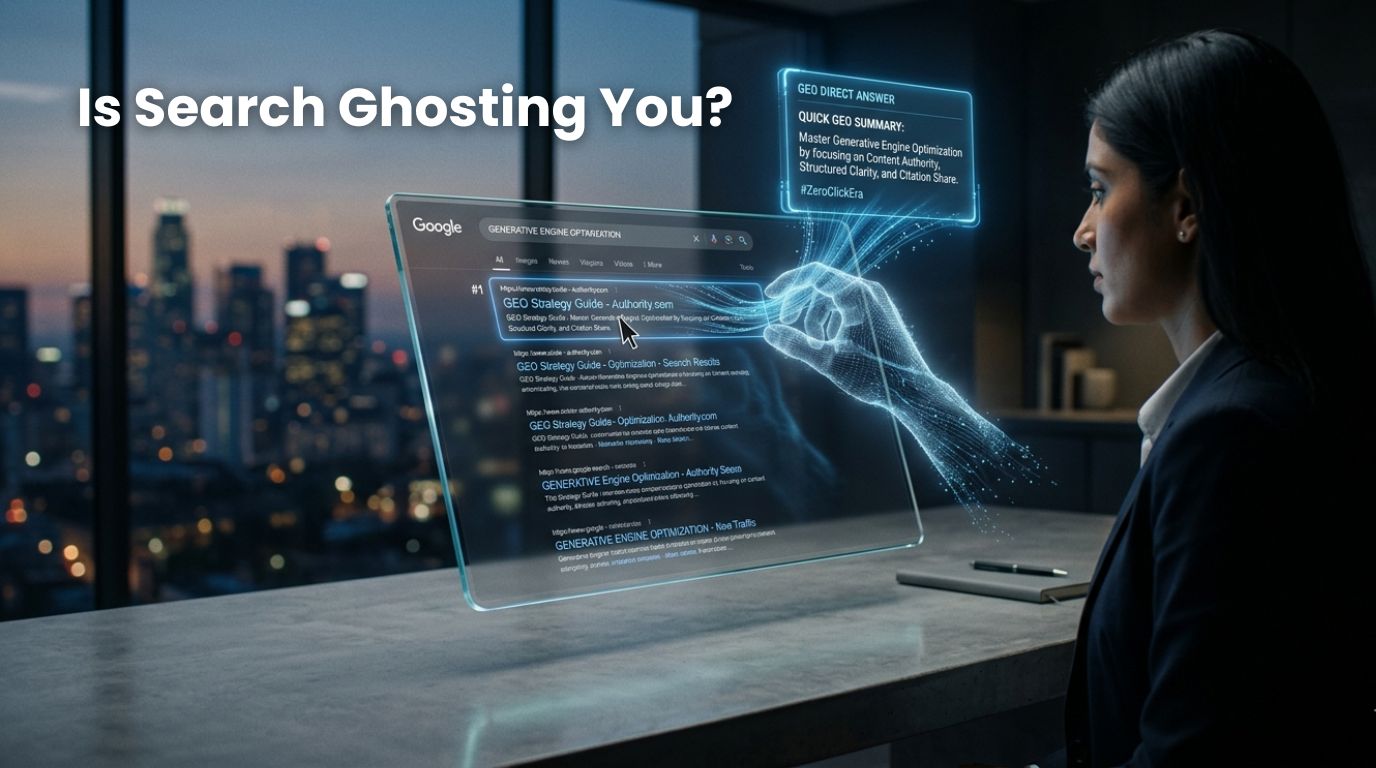 A cinematic photograph illustrating a translucent AI 'data hand' extracting an answer from a search engine result without clicking the link, defining the challenge of Generative Engine Optimization in the zero-click era.