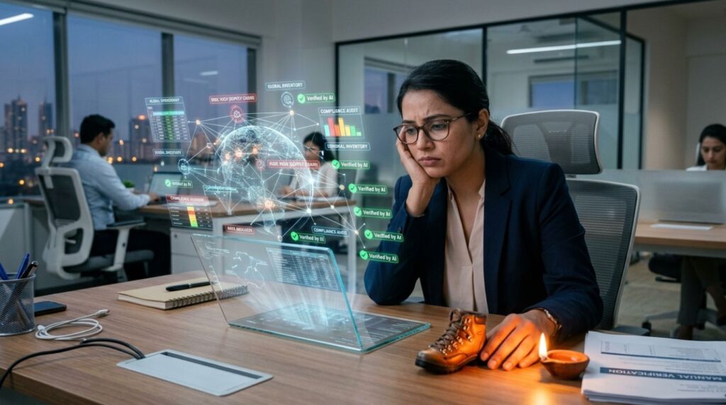 weary accountant in a modern office looking at a holographic AI interface automating inventory verification while simultaneously reaching for a symbolic miniature hiking boot, illustrating the Google search trends India 2025 regarding burnout and micro-experiences.