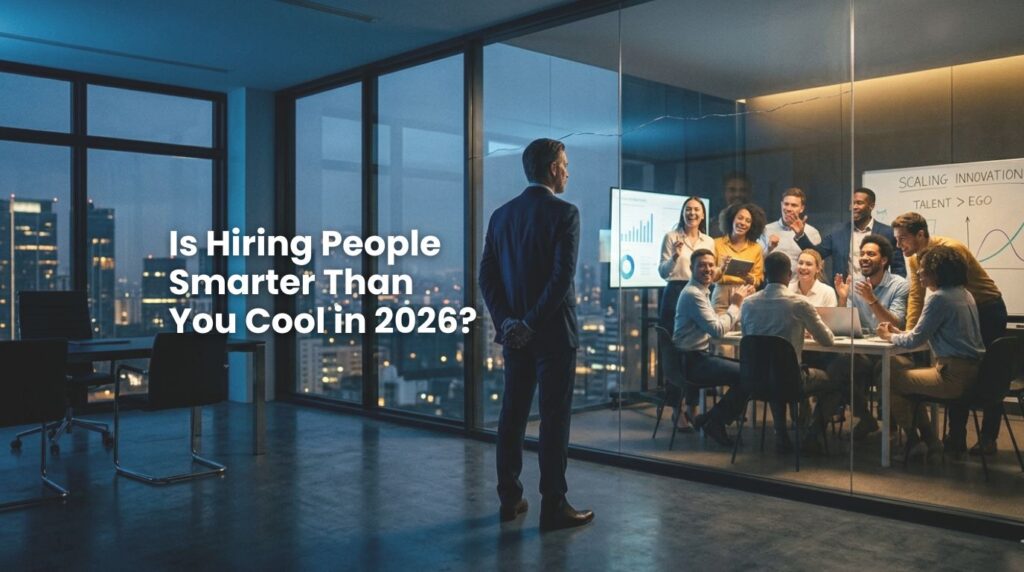 A cinematic shot of a founder looking at a reflection of a high-performing team, representing the challenge of hiring people smarter than you and breaking the leadership ceiling.