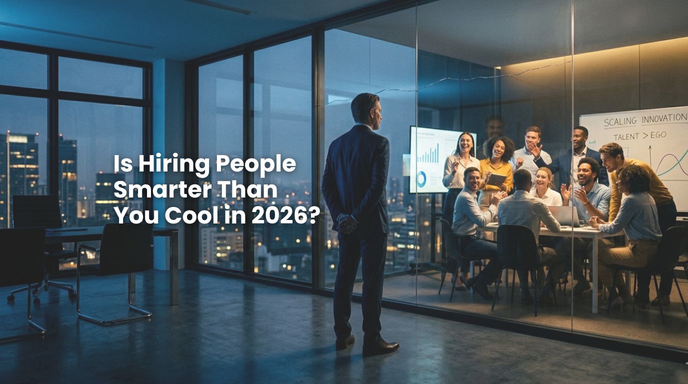 A cinematic shot of a founder looking at a reflection of a high-performing team, representing the challenge of hiring people smarter than you and breaking the leadership ceiling.