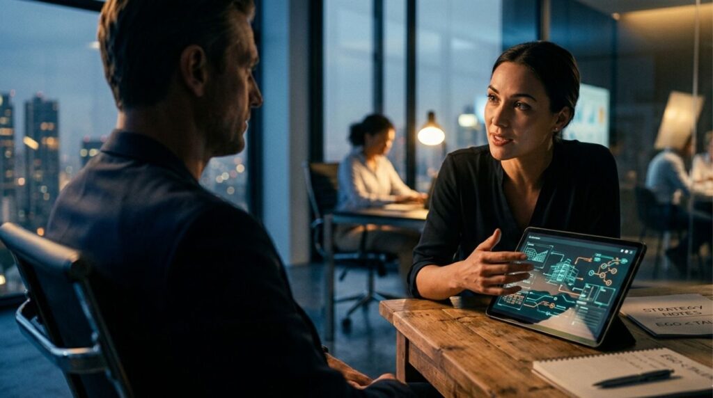 An interview scene showing a candidate demonstrating expertise to a founder, illustrating the insecurity involved in hiring people smarter than you.