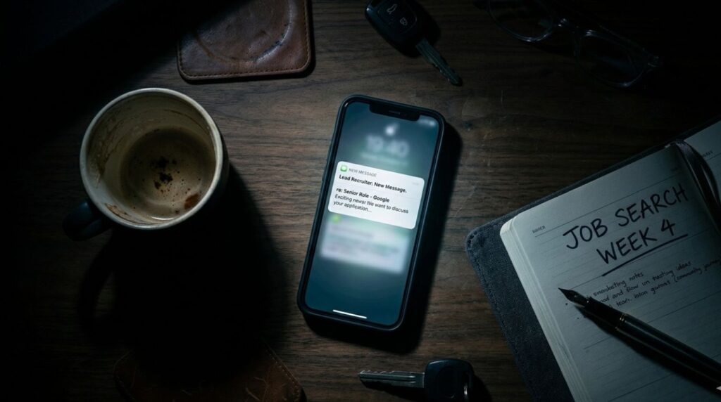 A dark, moody shot of a job seeker's desk at night, illustrating the psychological vulnerability that makes recruiter scams effective.