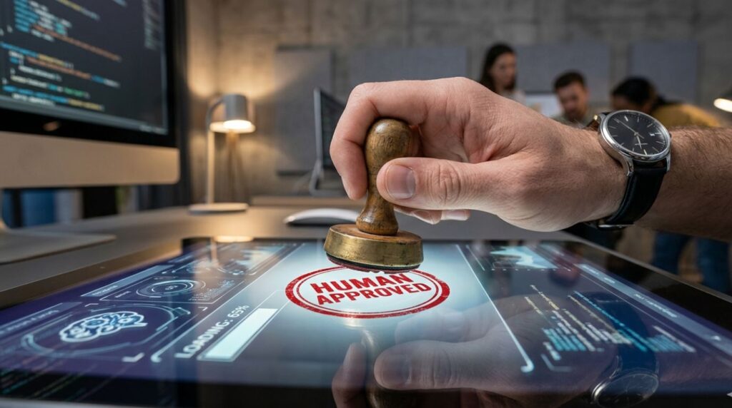 A close-up photograph of a marketer's hand stamping 'HUMAN APPROVED' on a digital tablet with no AI used for the final sign-off.