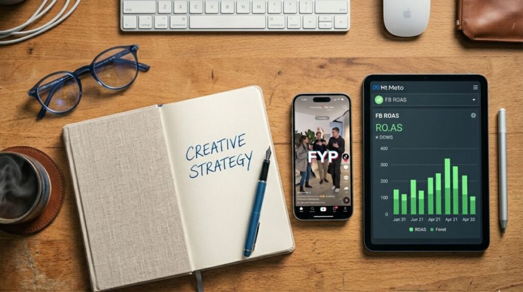 A professional marketer's desk setup with multiple devices, showcasing a diversified strategy within the evolution of Facebook marketing.