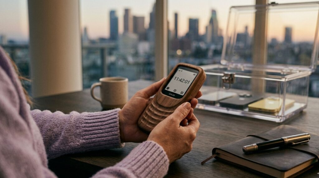 A close-up photograph of hands holding a artisanal wooden phone case designed for grayscale, symbolizing the 'Attention Activism' move to regain control through a deliberate digital overload detox.
