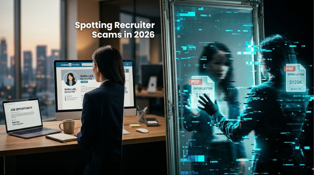 A cinematic image of a recruiter's reflection appearing as a digital glitch, representing how recruiter scams impersonate real professionals to gain trust.
