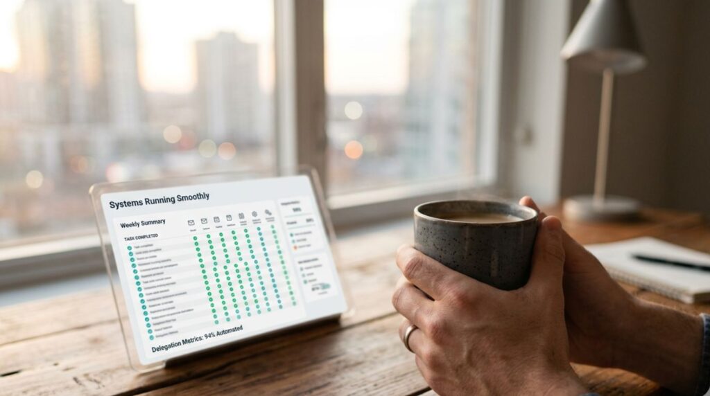 A relaxing lifestyle shot of a professional enjoying a coffee while AI agents for productivity manage their background tasks and schedules on a tablet.
