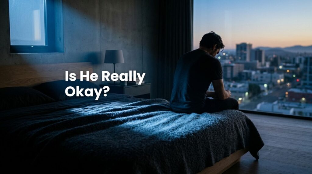 A cinematic shot of a man sitting alone at dawn, representing the silent struggle of men and the internal weight of emotional suppression.