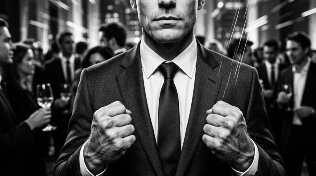 A high-contrast image of a man in a suit clenching his fists, illustrating the conflict between societal performance and the silent struggle of men.