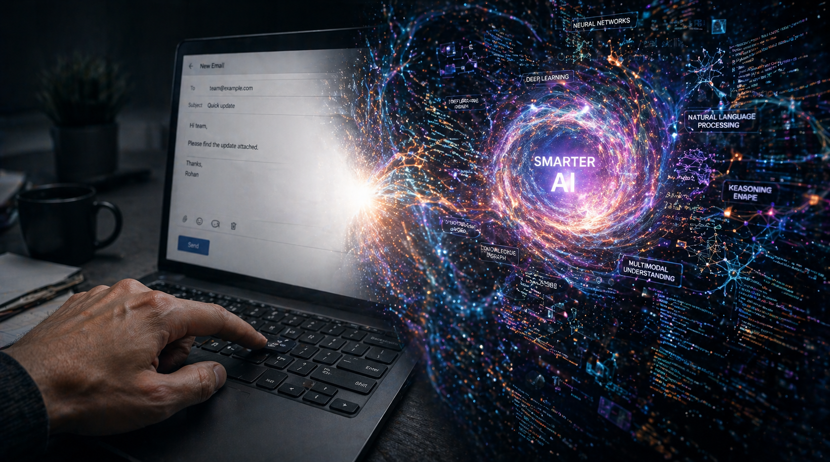 A cinematic image showing a vortex of the smartest AI power being wasted on a simple task like writing an email on a keyboard.
