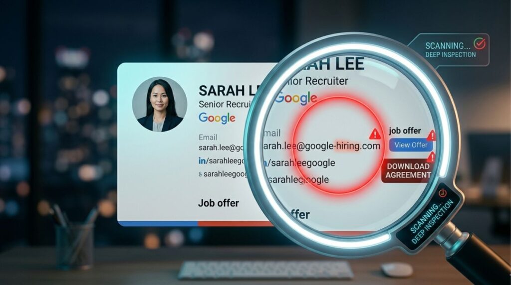 An infographic showing a magnifying glass revealing hidden red flags in a fake job offer email to help users avoid recruiter scams.