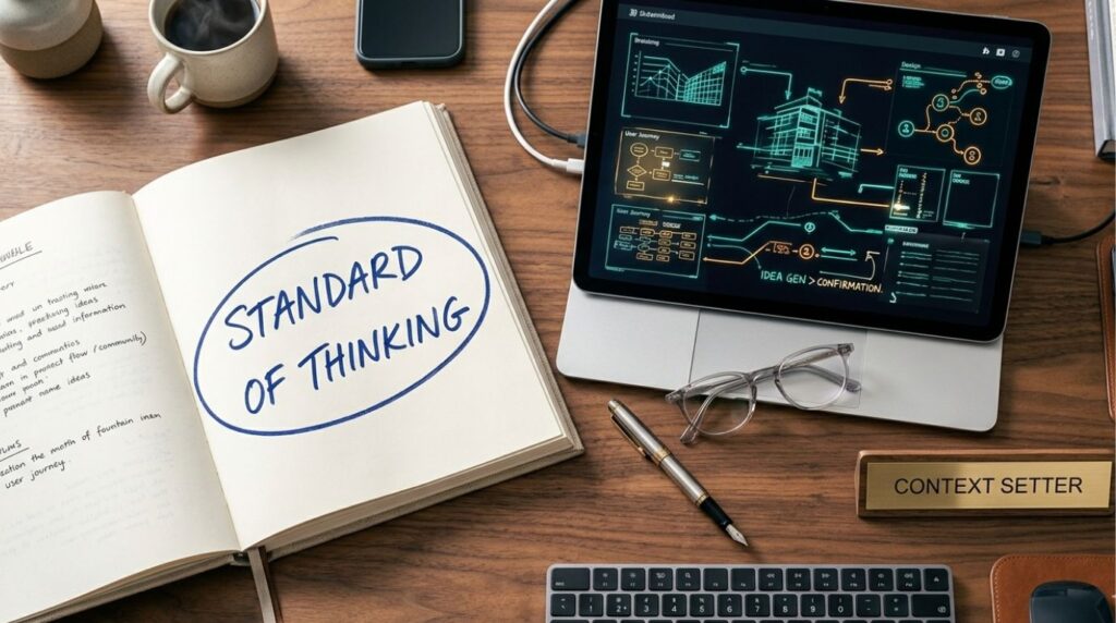 A top-down desk view with a notebook emphasizing the standard of thinking, a key result of hiring people smarter than you.