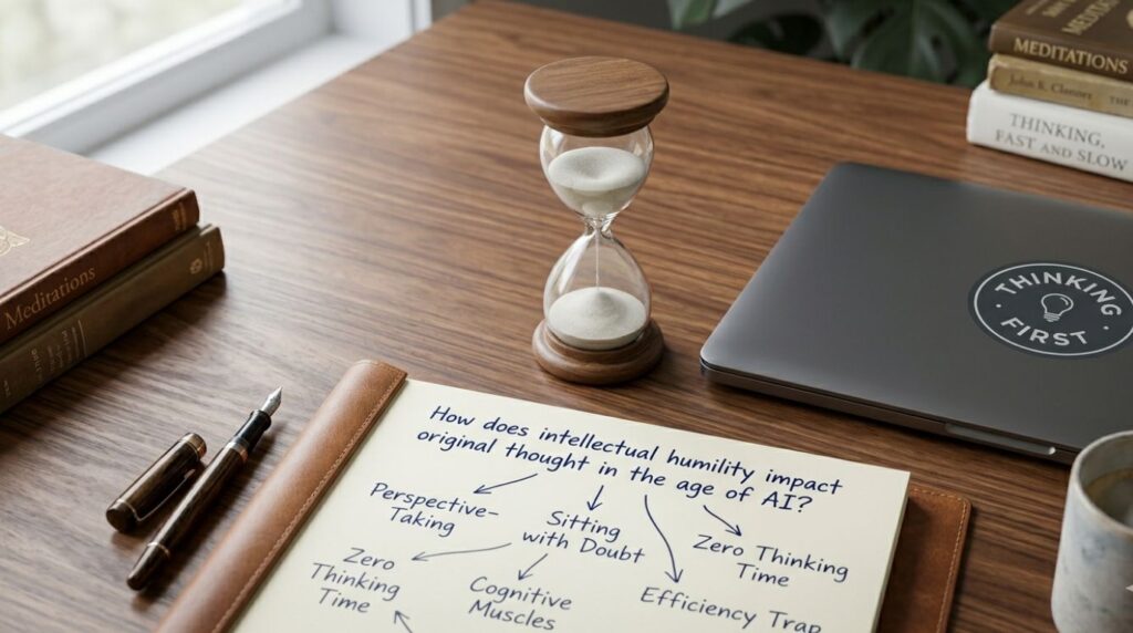 A desk with an hourglass and an open notebook, symbolizing the "10-minute rule" to prioritize AI and critical thinking over instant answers.