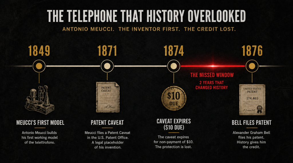 Timeline showing patent dates and the crucial gap leading up to the question of who invented the telephone.