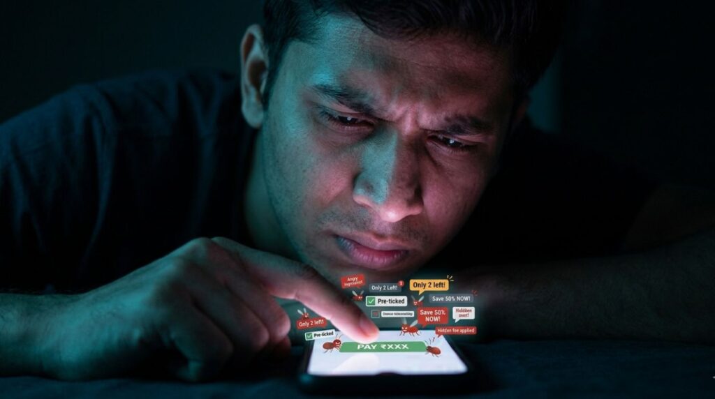 A close-up of a user looking confused at a smartphone screen filled with manipulative UI elements during an online payment.
