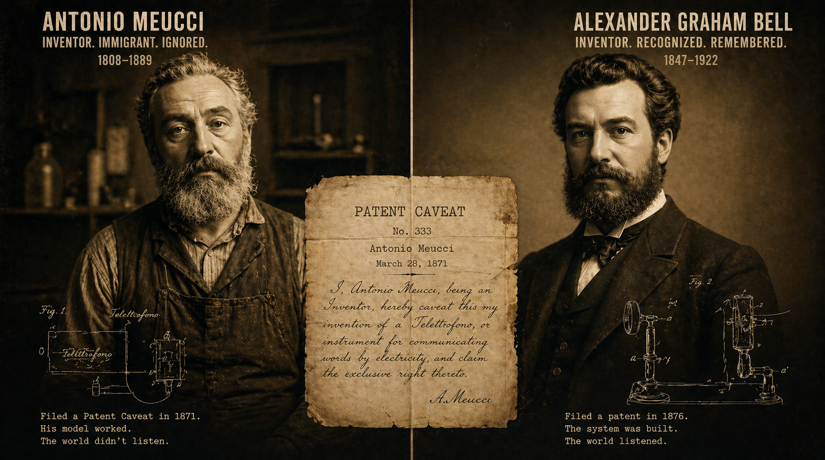 A vintage split-screen comparison investigating who invented the telephone between Antonio Meucci and Alexander Graham Bell.