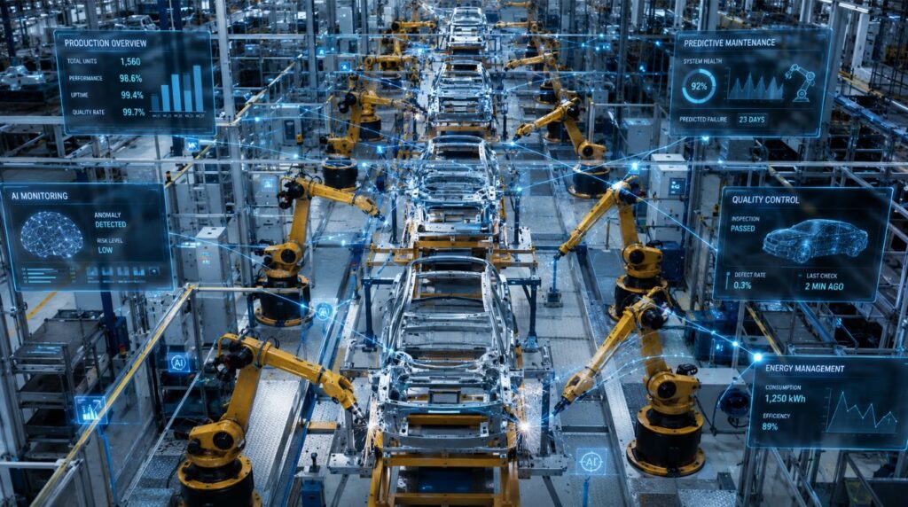 Smart factory floor featuring robotic assembly line and digital overlays illustrating AI in manufacturing