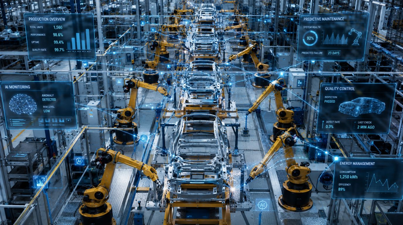 Smart factory floor featuring robotic assembly line and digital overlays illustrating AI in manufacturing