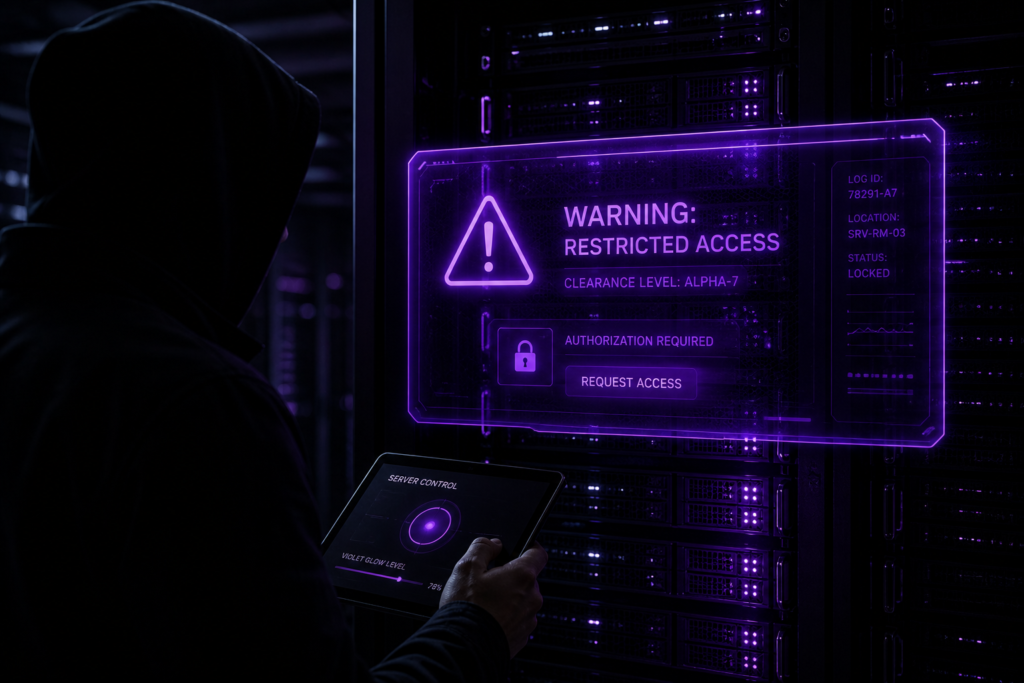 A cinematic visual of restricted AI technology, illustrating the "fear-based" AI marketing strategy used by top tech firms to create a perception of power.
